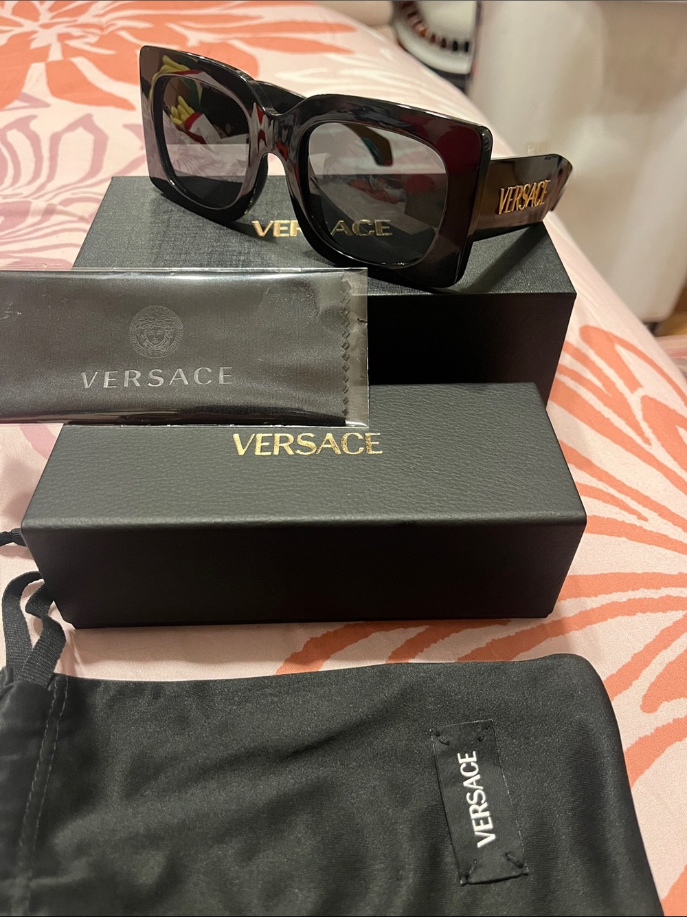 Brand New Versace Black Square Sunglasses with Gold Logo Temples